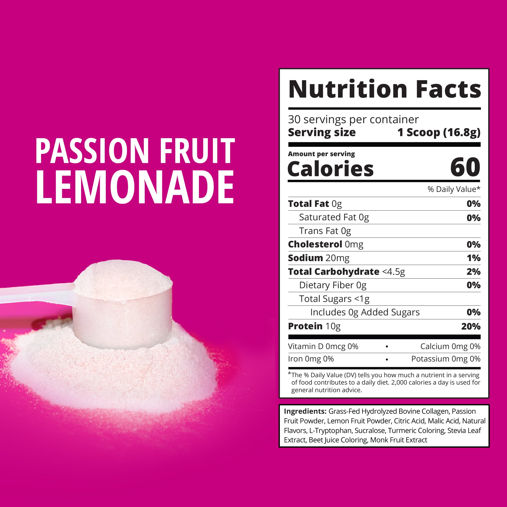 Nutrition facts label for Boba Tea Protein's passion fruit lemonade collagen protein powder on a pink background