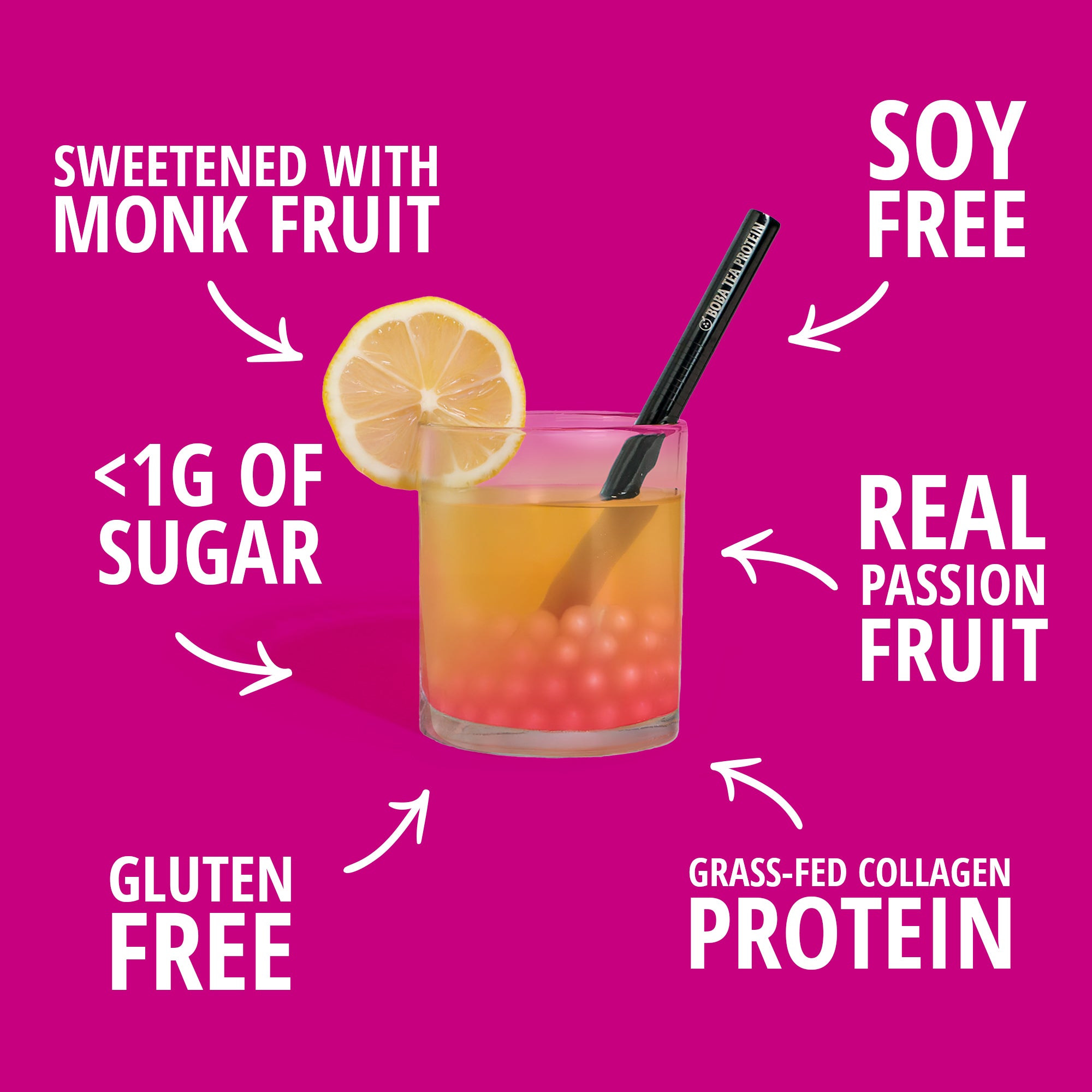 Glass of a drink with lemon slice and straw on a pink background with health benefits text.
