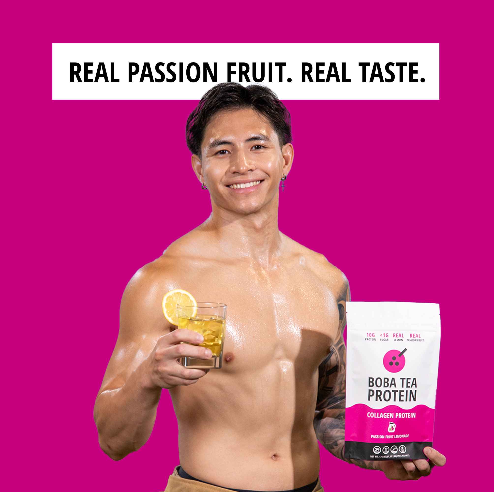 Man holding a glass of lemonade and a package of Boba Tea Protein against a pink background